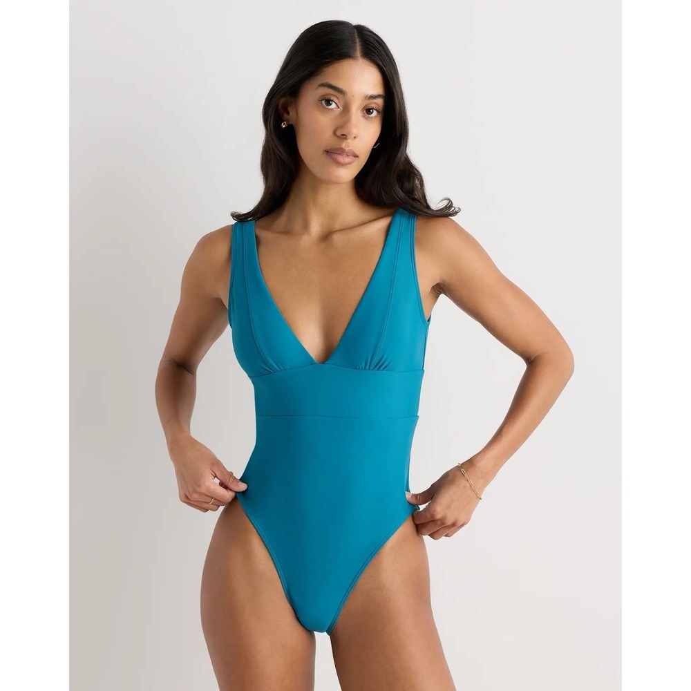 NWT Quince Lagoon Teal Blue Italian Plunge One-Piece Swimsuit Size Large